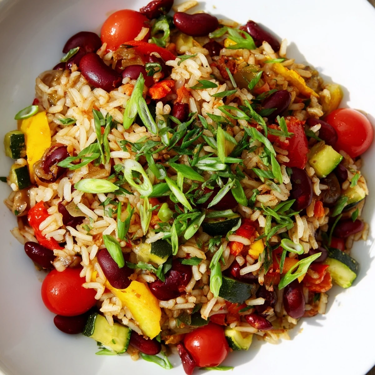 Steaming pot of Mardi Gras Veggie Jambalaya with beans, showcasing zucchini, bell peppers, and cherry tomatoes on a rustic table.