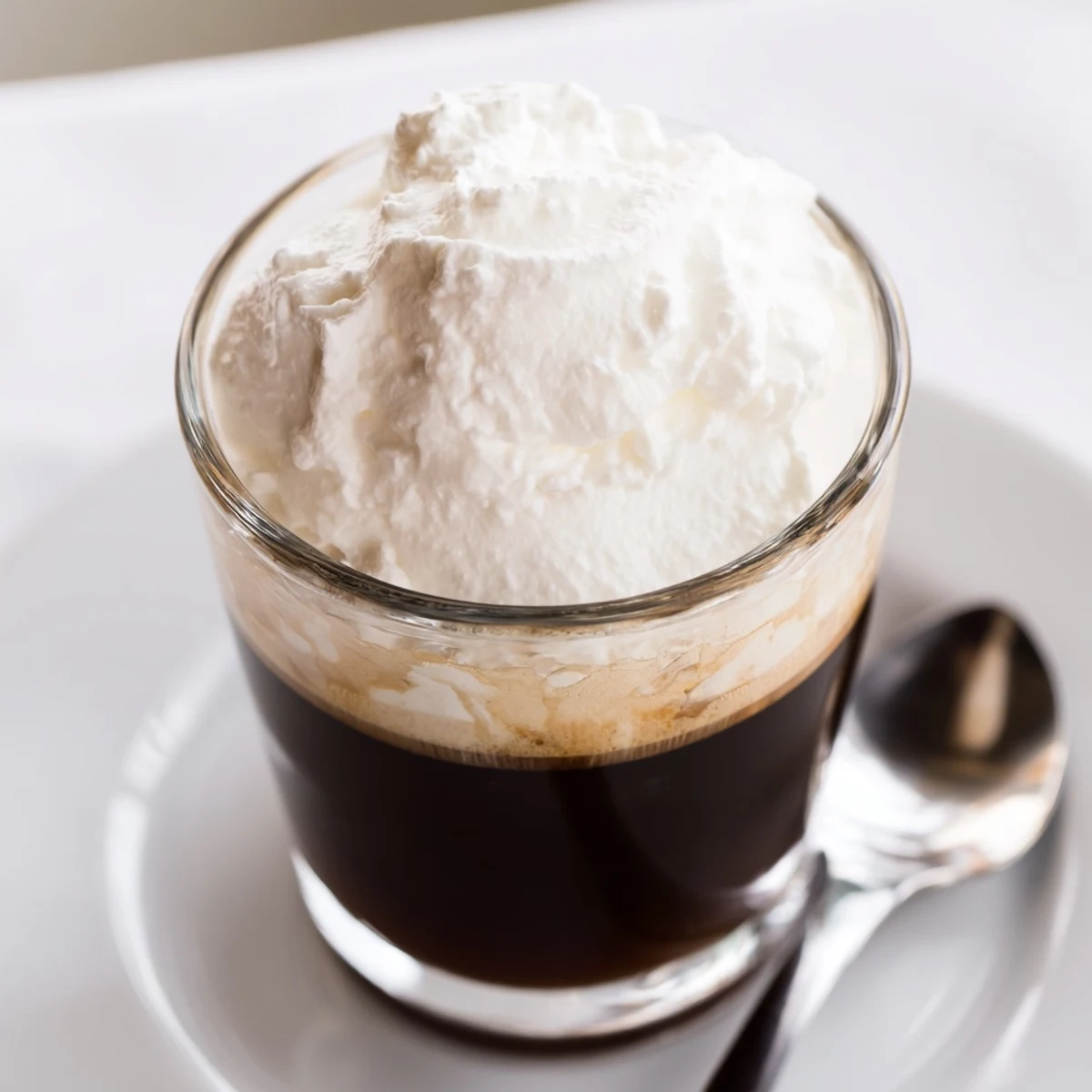Close-up of Irish Coffee Mocktail with Whipped Cream in a glass mug, steam rising from the creamy top.