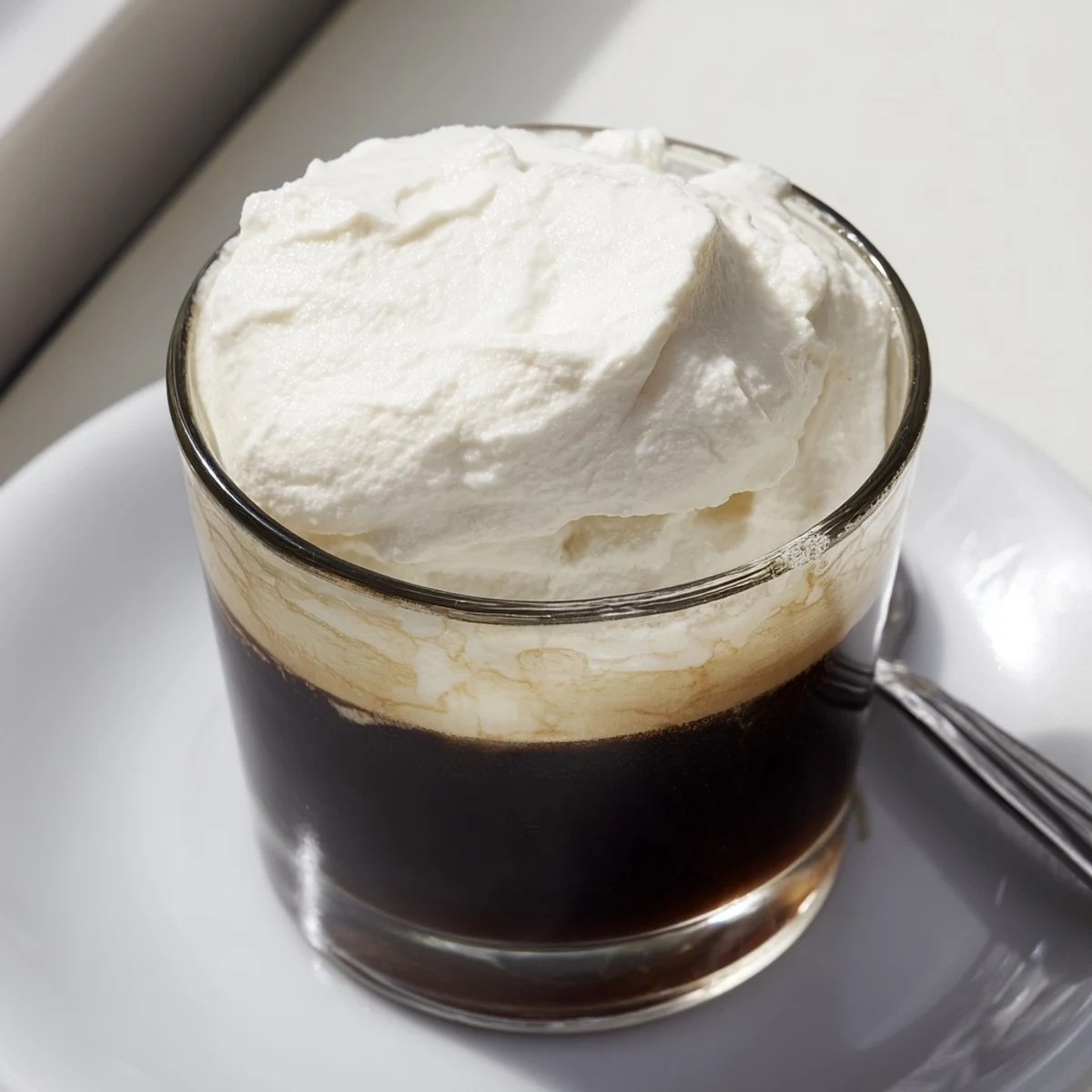 A top-down view shows Irish Coffee Mocktail with Whipped Cream floating on hot coffee next to shortbread.  
