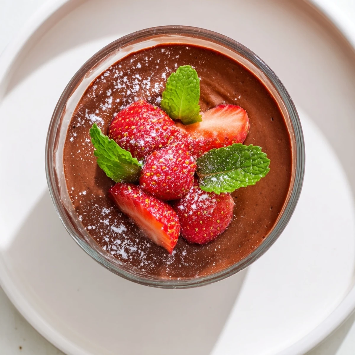Chocolate Mousse with Fresh Strawberries layered in a clear glass, topped with glossy red berry halves and a mint sprig.