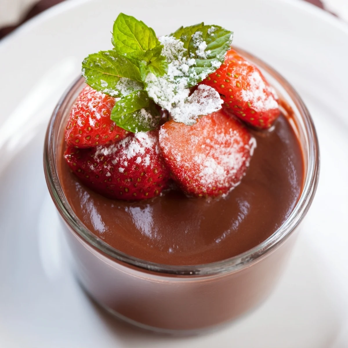 Elegant dessert of Chocolate Mousse with Fresh Strawberries, garnished with mint and dusted sugar, perfect for a dinner party.
