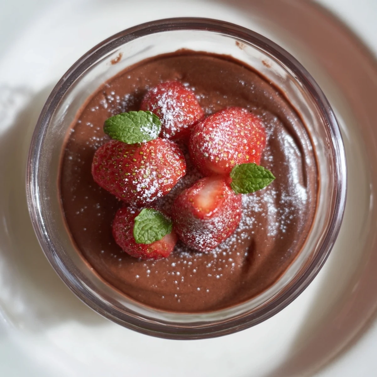 A spoon dips into velvety Chocolate Mousse with Fresh Strawberries, revealing airy texture against ripe berries in a ramekin.