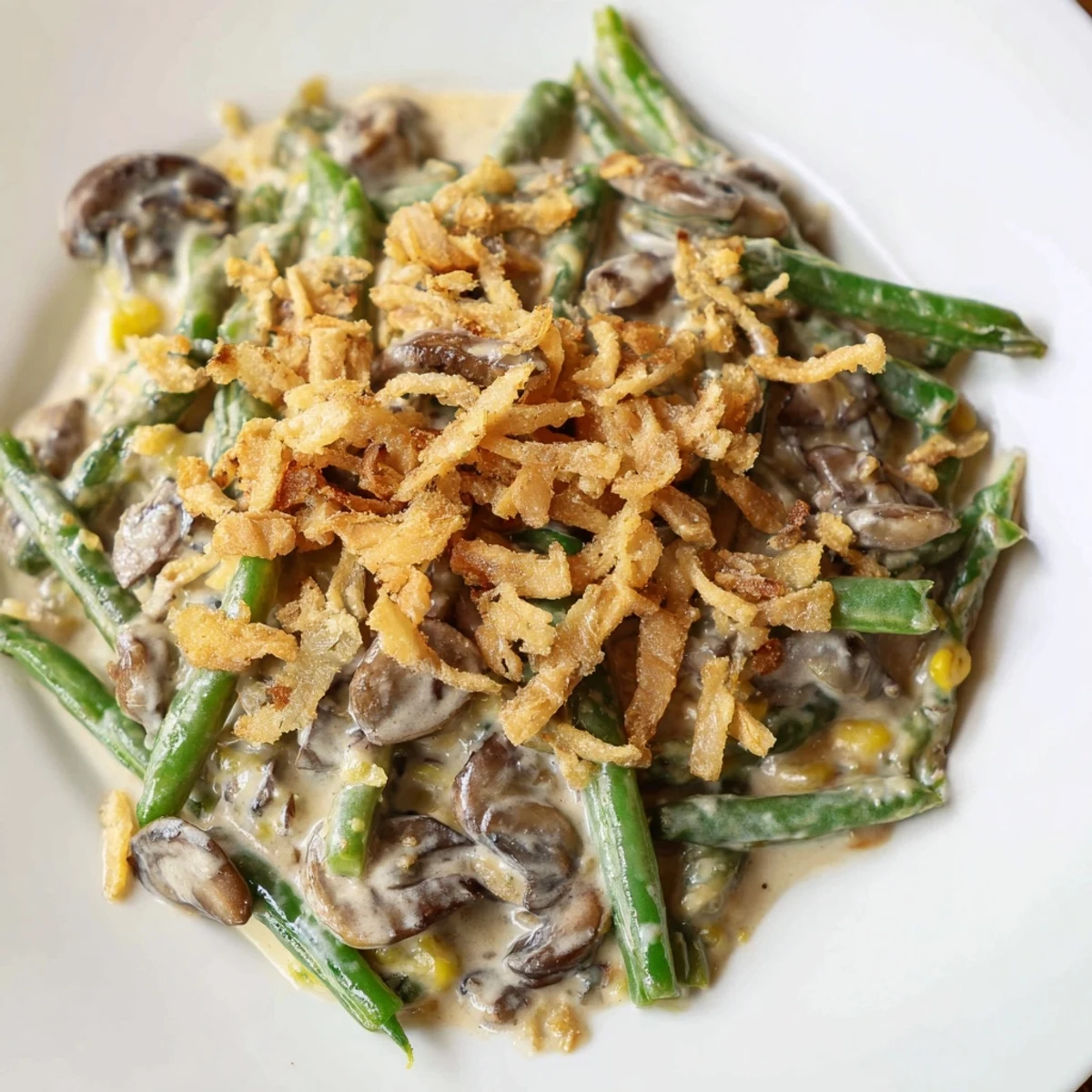 This photo shows a close-up of Green Bean Casserole with Crispy Onions, featuring creamy mushroom sauce and golden, crunchy toppings.