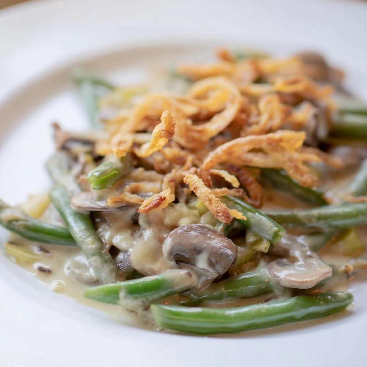 Golden-brown Green Bean Casserole with Crispy Onions bubbling in a baking dish, served alongside holiday turkey and mashed potatoes.