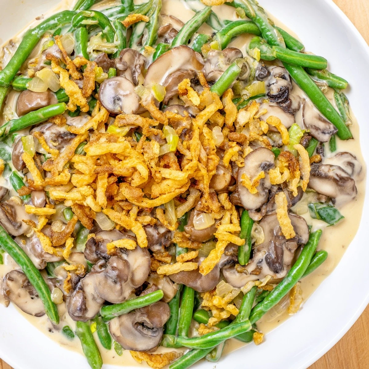 Freshly baked Green Bean Casserole with Crispy Onions in a white dish, ready to serve as a vegetarian side for dinner.