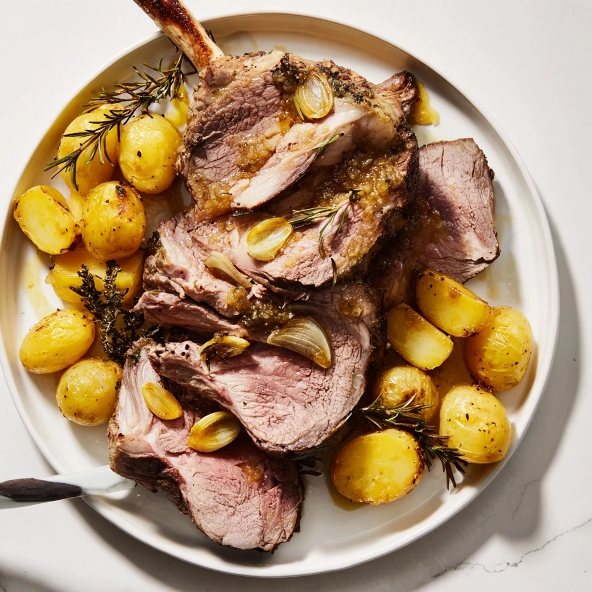Savory roasted leg of lamb recipe is plated with tender potatoes and onions, glistening with rich pan juices.