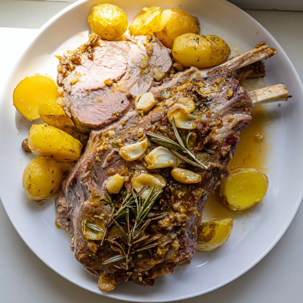 A perfectly roasted leg of lamb rests beside golden crispy potatoes infused with rosemary and garlic in this dish.