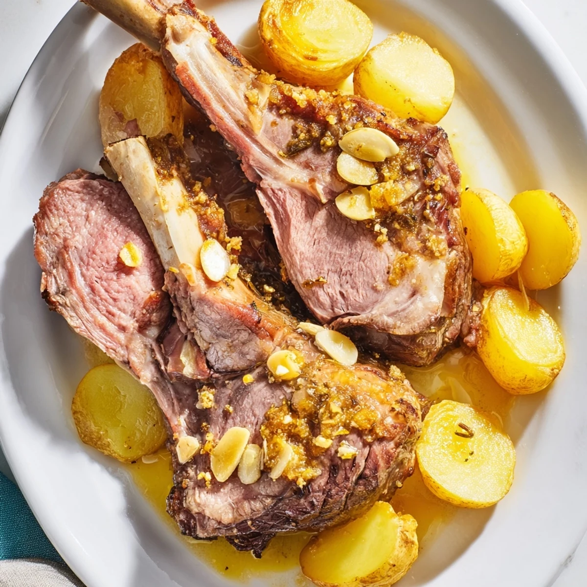 This roasted leg of lamb recipe features a juicy slice served with rosemary potatoes, perfect for a Sunday dinner.