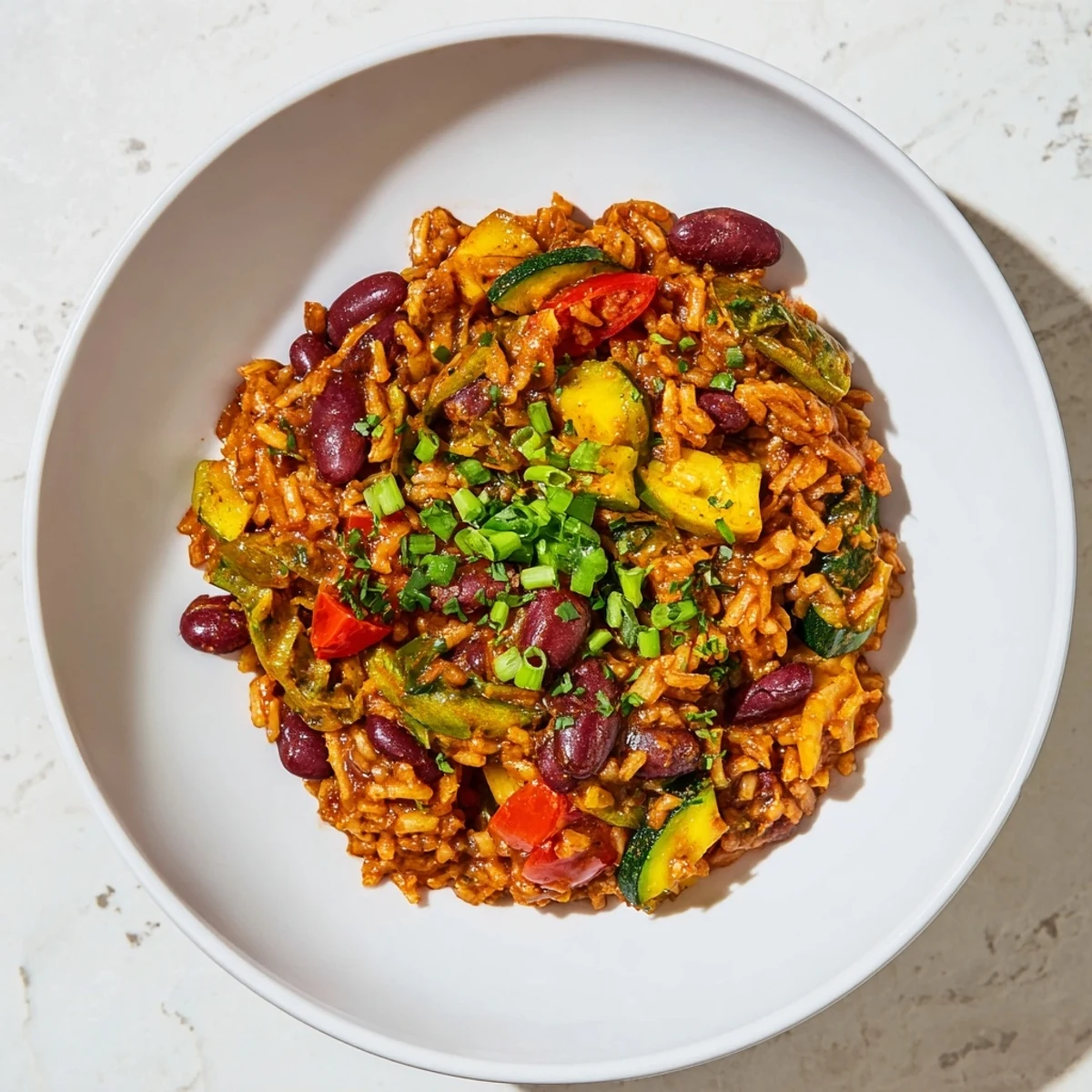 Steam rises from a hot pot of Mardi Gras Veggie Jambalaya with Beans, featuring vibrant red peppers, zucchini, and plump black beans garnished with fresh parsley.