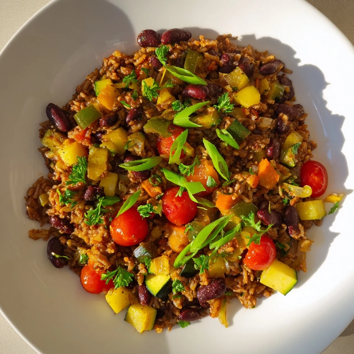 A close-up of Mardi Gras Veggie Jambalaya with Beans shows tender rice, kidney beans, and diced tomatoes, served with bright green onions and lemon wedges.