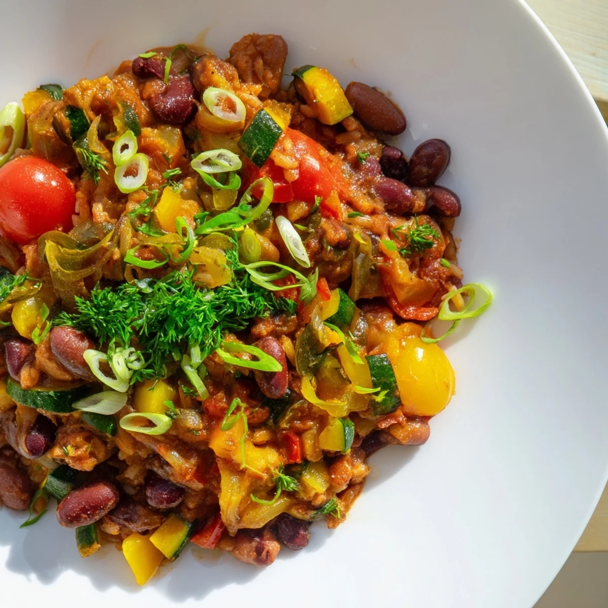 Hearty Mardi Gras Veggie Jambalaya with Beans is served in a rustic bowl, highlighting the colorful mix of Creole spices, celery, and savory vegetarian ingredients.