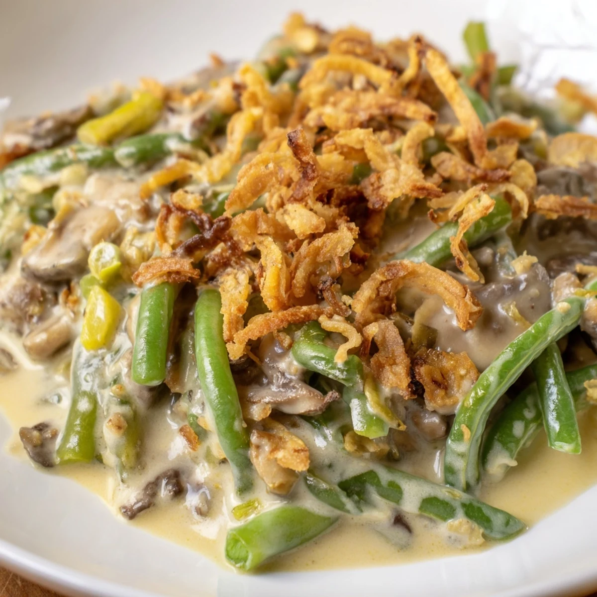 Freshly baked Green Bean Casserole with Crispy Onions, topped with golden onions, ready to serve as a holiday side dish.