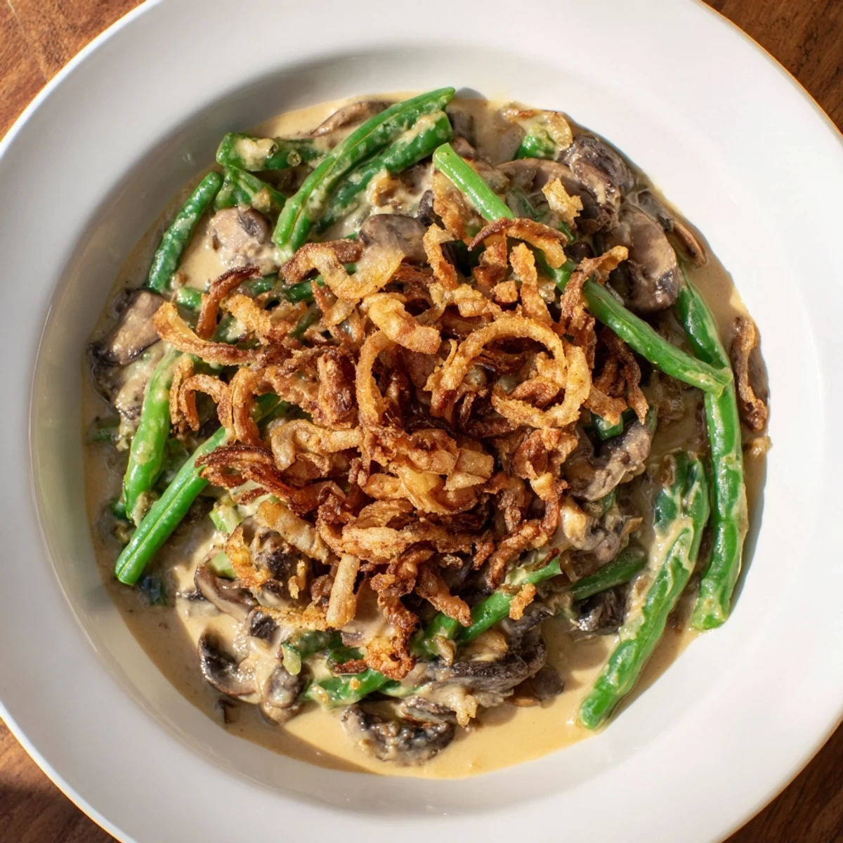 A close-up of Green Bean Casserole with Crispy Onions, showing creamy mushroom sauce and crunchy fried onions on tender green beans.