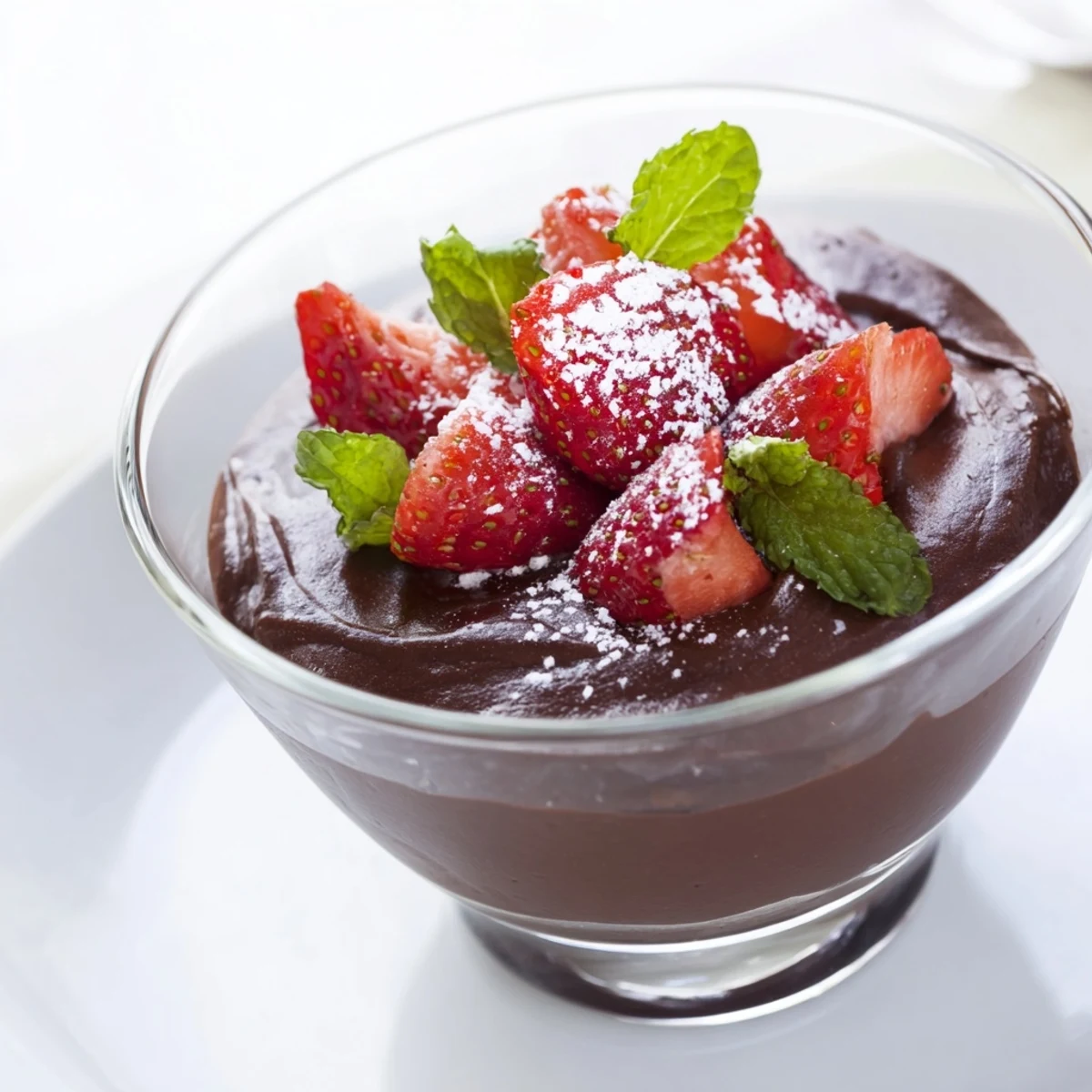 Creamy chocolate mousse topped with fresh strawberries in elegant glasses.