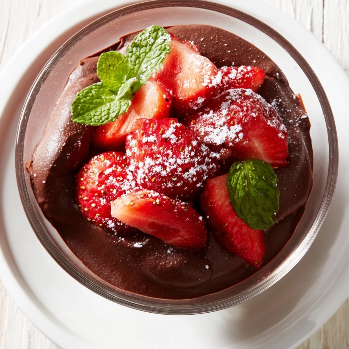 Rich chocolate mousse with sliced strawberries and mint garnish.