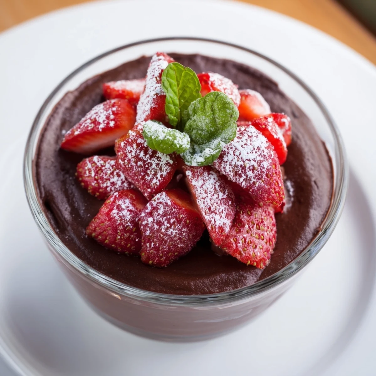Dessert glasses filled with velvety chocolate mousse and strawberries.