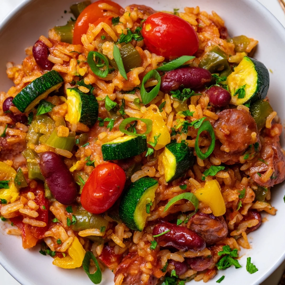 A close-up of Mardi Gras Veggie Jambalaya in a white bowl, featuring red, green, and yellow peppers with sautéed onions, okra, and kidney beans in a rich tomato broth.