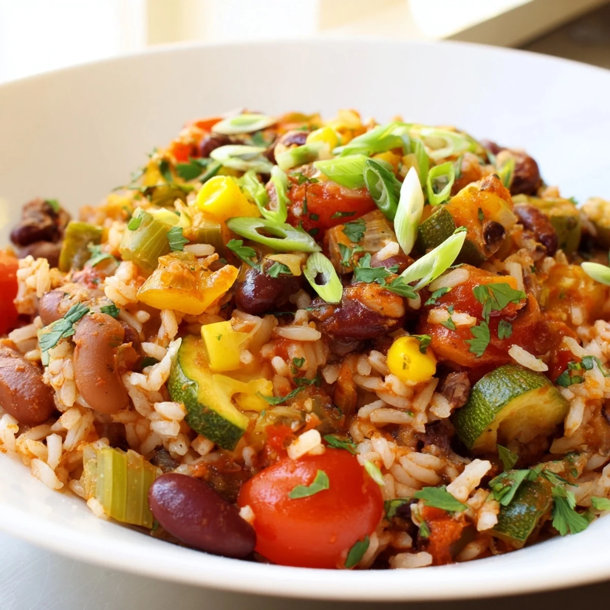A hearty serving of Mardi Gras Veggie Jambalaya in a rustic pot, showcasing long-grain rice mixed with black beans, zucchini, and cherry tomatoes ready to eat.