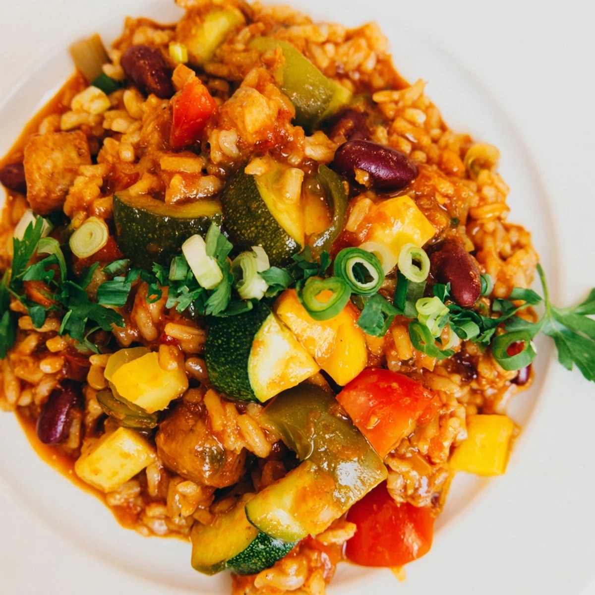 Mardi Gras Veggie Jambalaya served steaming hot on a plate, garnished with fresh green onions and parsley, highlighting the vibrant colors of Creole spices and vegetables.