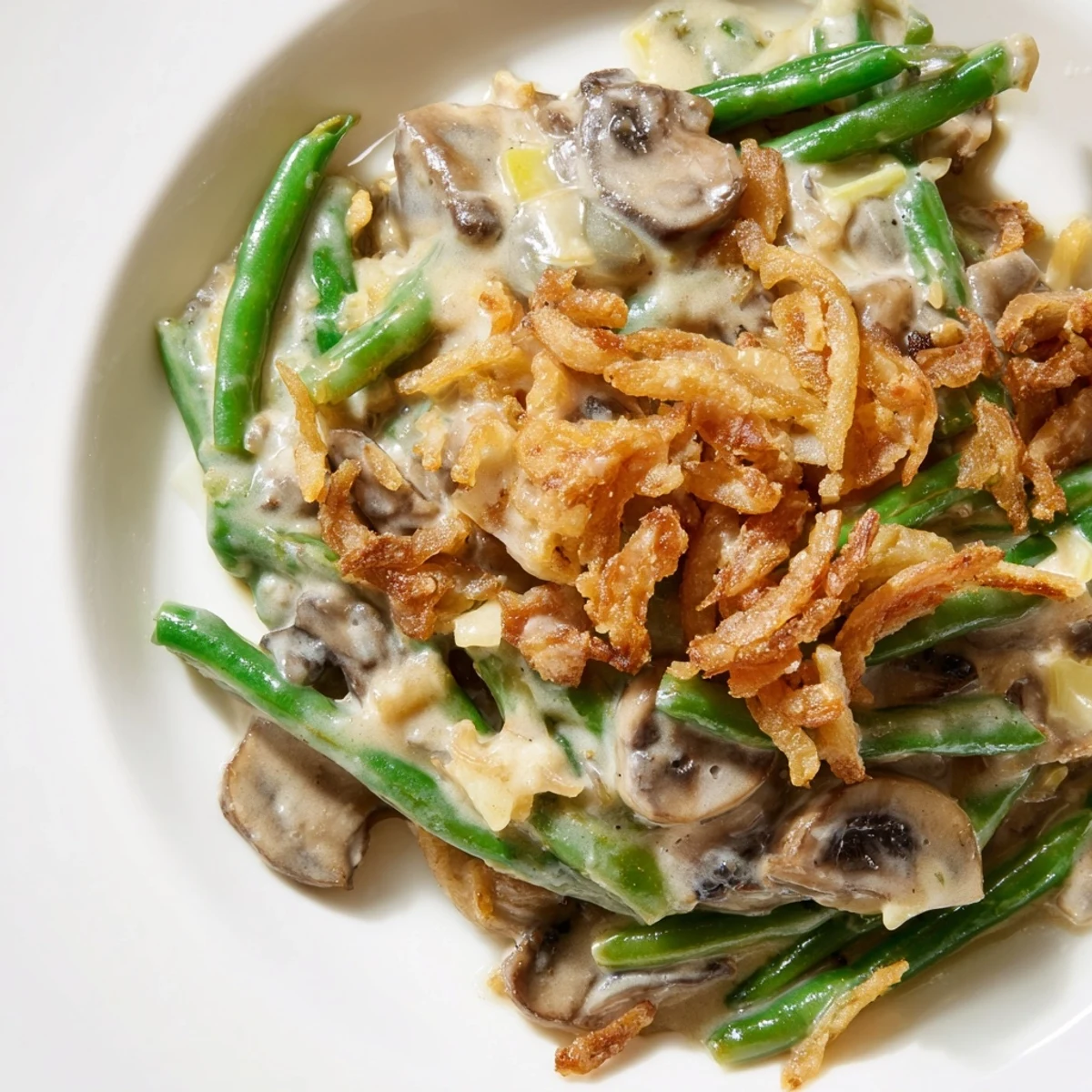 Golden brown Green Bean Casserole with Crispy Onions bubbling in a white baking dish, ready to serve.