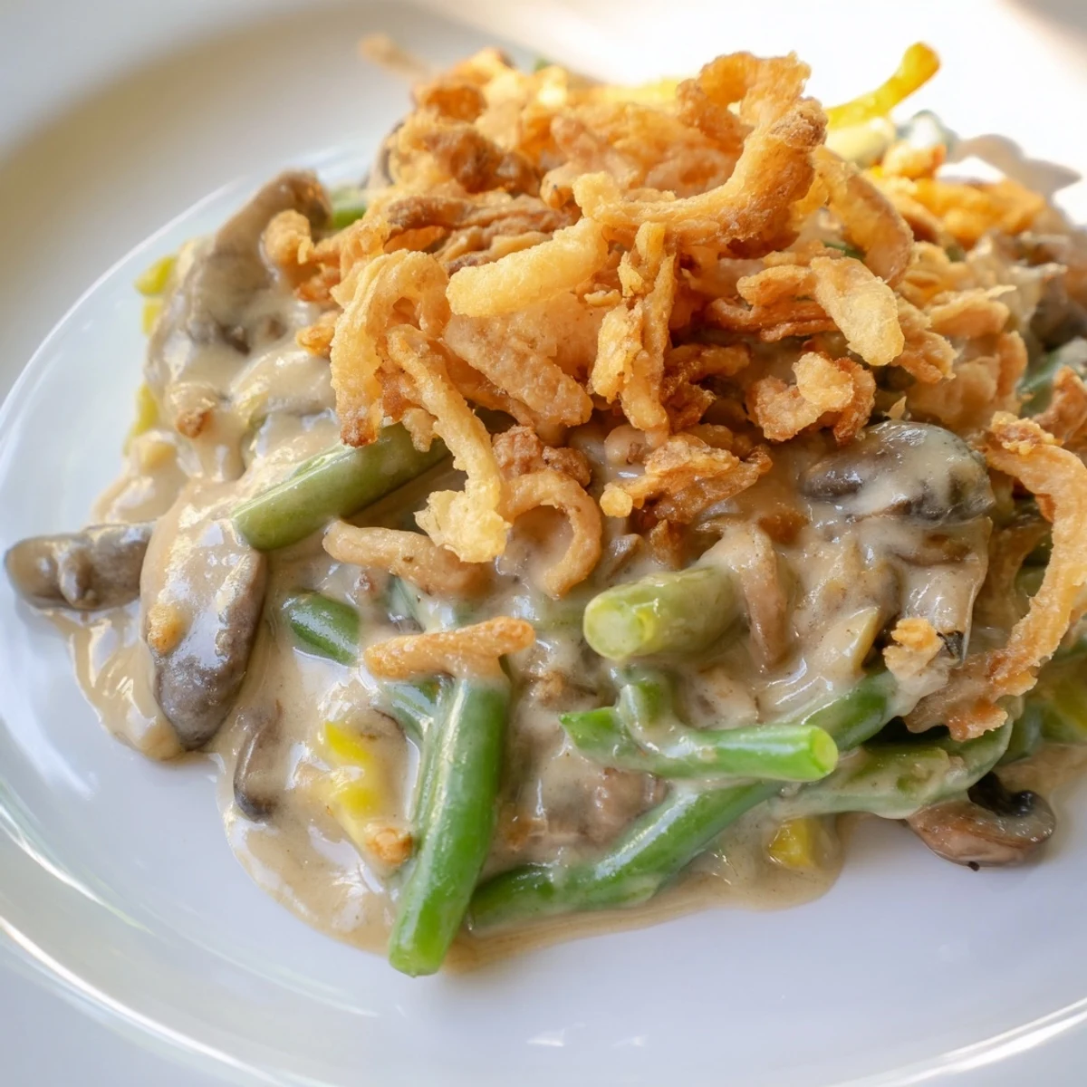 Freshly baked Green Bean Casserole with Crispy Onions showing creamy mushroom sauce and tender green beans inside.