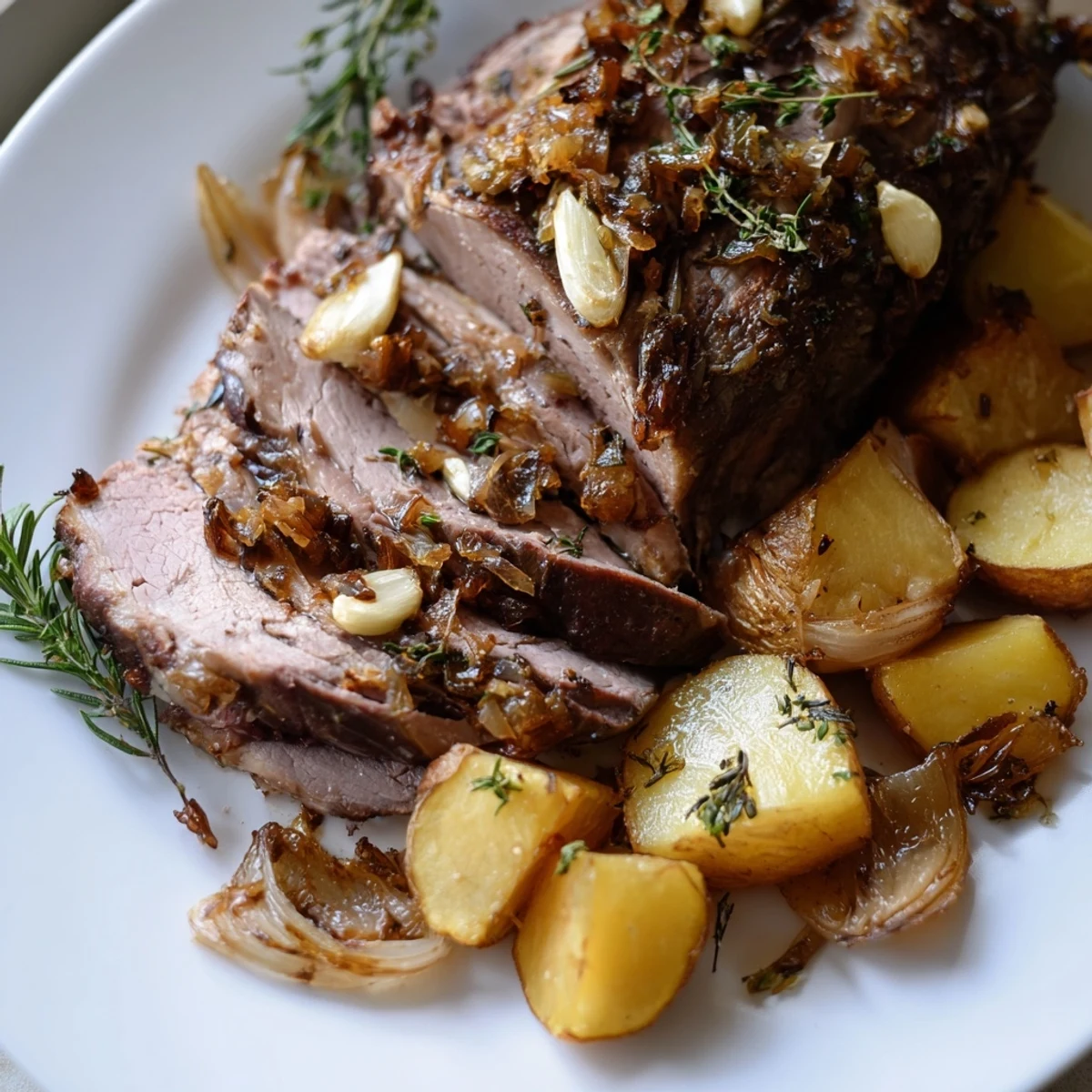 A close-up of Roasted Leg of Lamb with Potatoes, featuring juicy, herb-crusted slices beside golden, crispy potatoes.