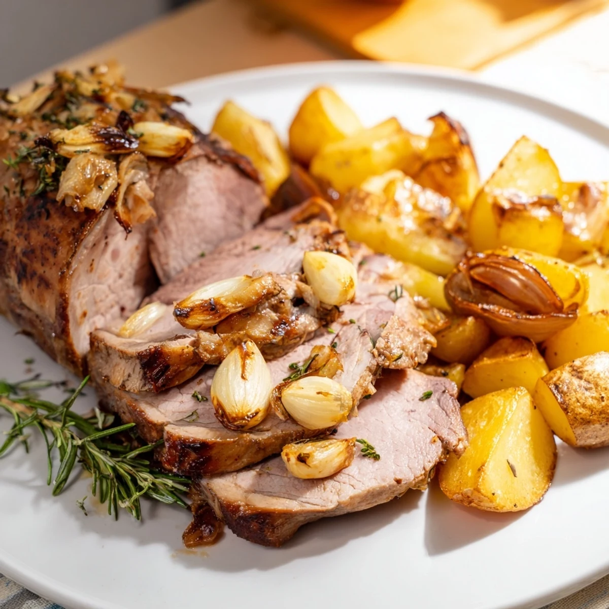 Sliced Roasted Leg of Lamb with Potatoes plated with pan juices, perfect for a celebratory family dinner.