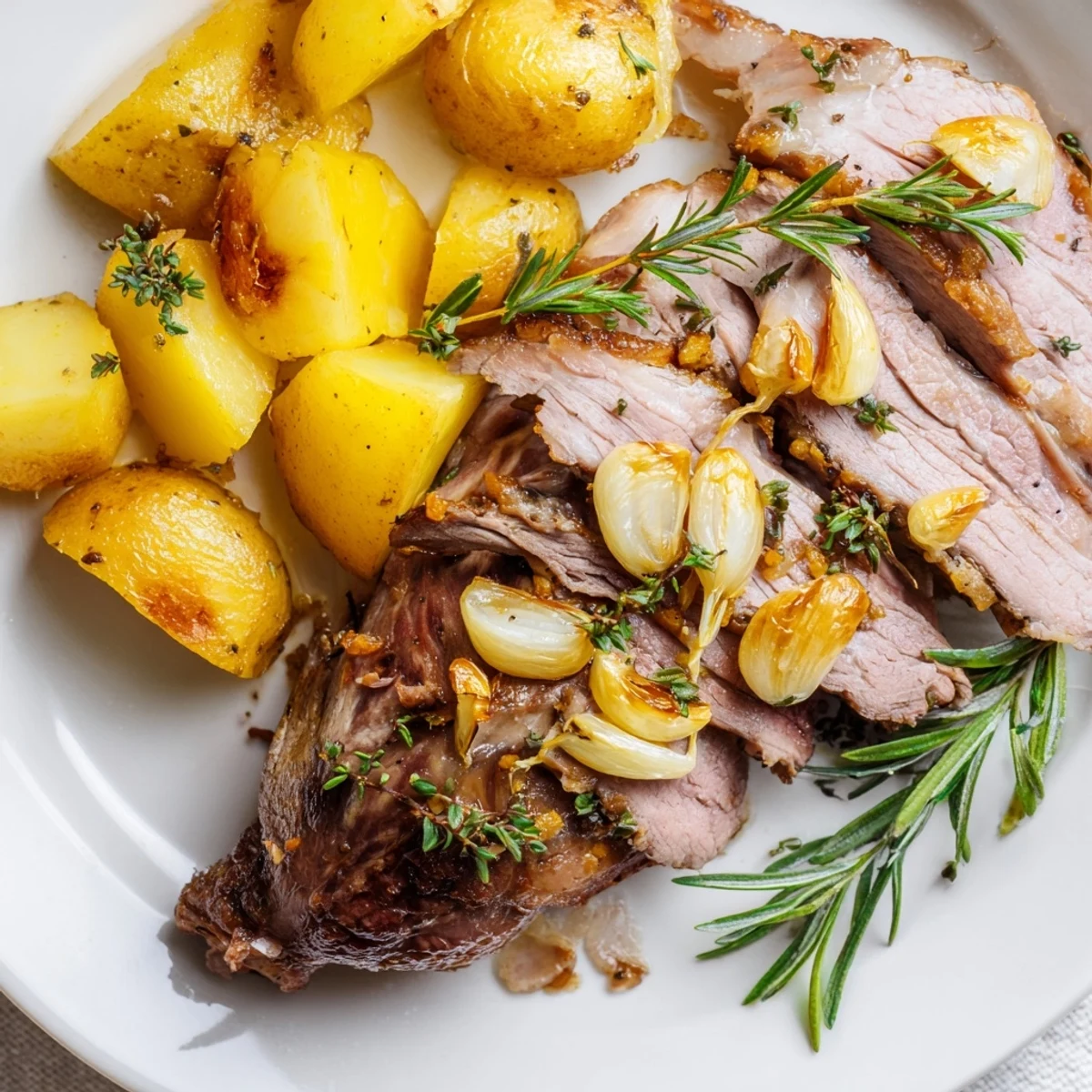 Roasted Leg of Lamb with Potatoes emerges from the oven with rosemary and garlic aromas on a rustic serving platter.