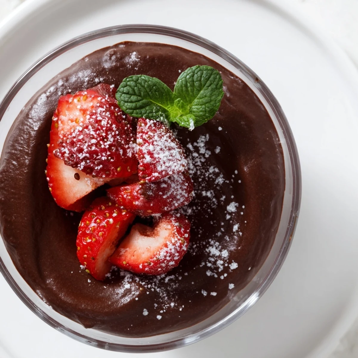 A close-up of Chocolate Mousse with Strawberries in a glass, showing creamy texture and fresh red berries on top.