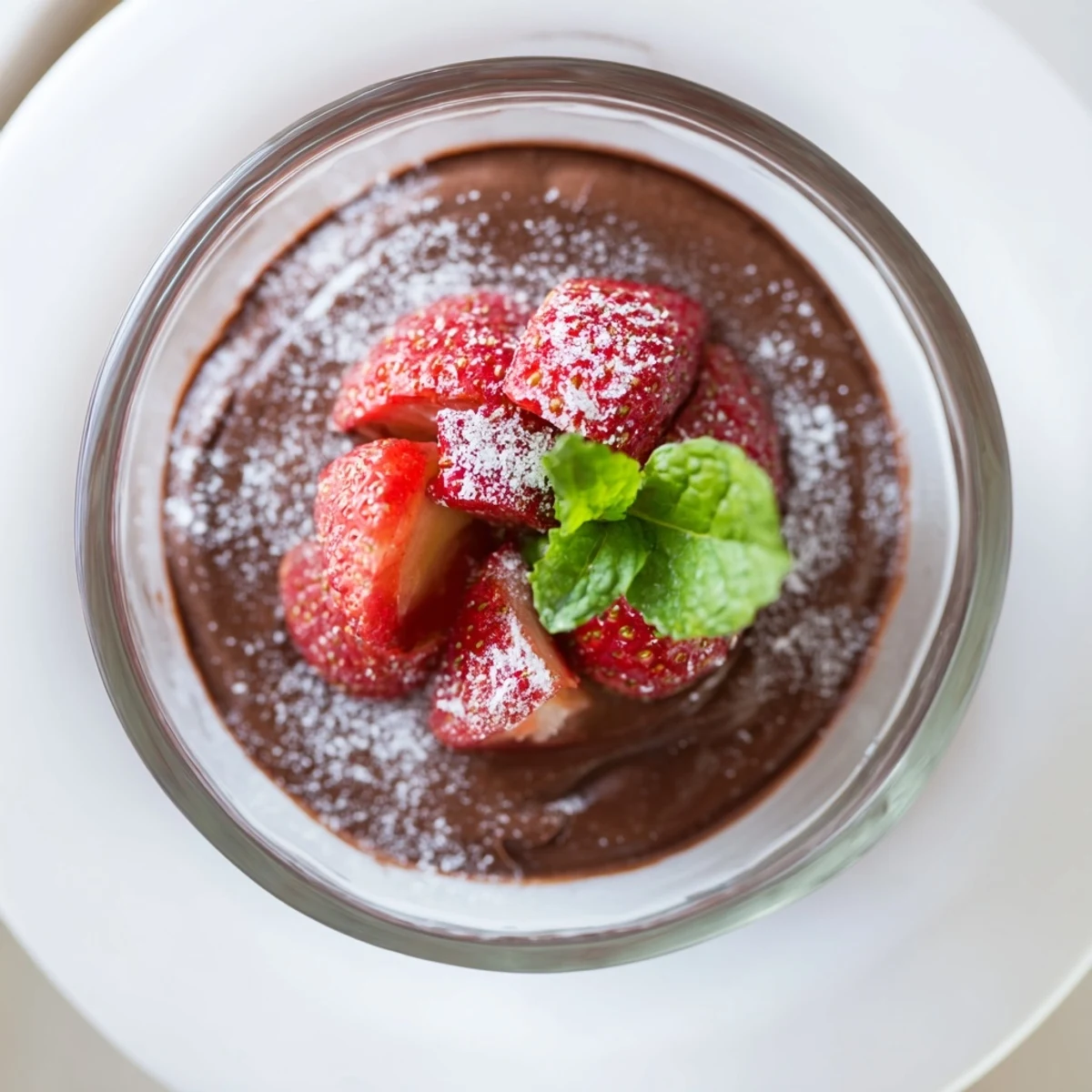 Elegant serving of Chocolate Mousse with Strawberries garnished with mint, ready for a special occasion dessert at home.