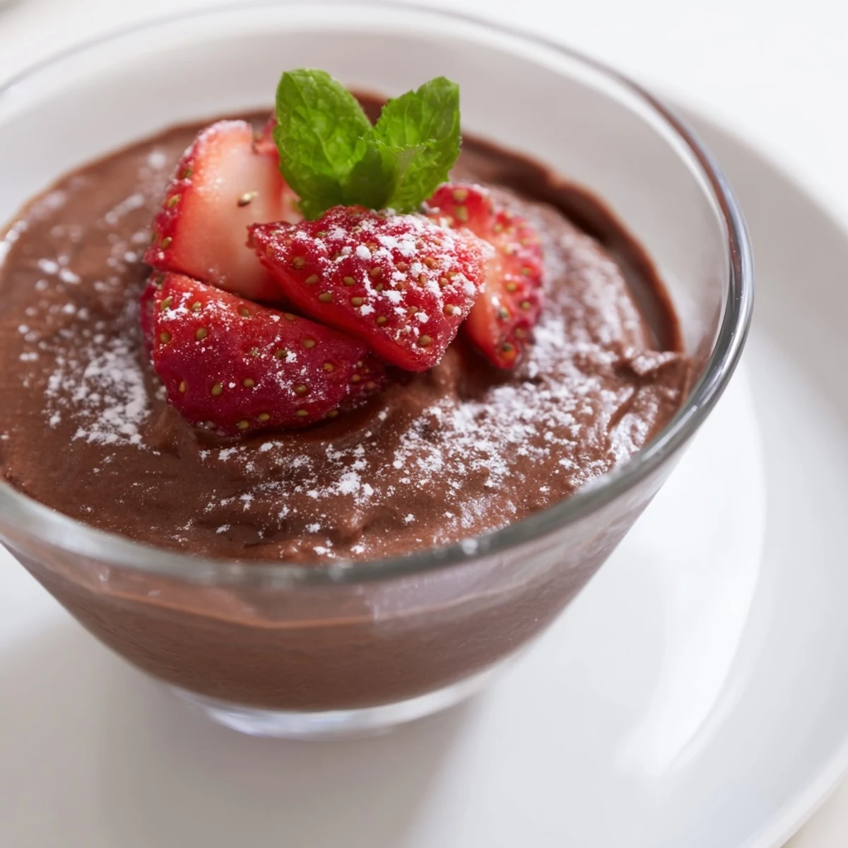 Rich chocolate mousse with strawberries in a chilled glass, ideal for gluten-free vegetarian dessert recipes and celebrations.