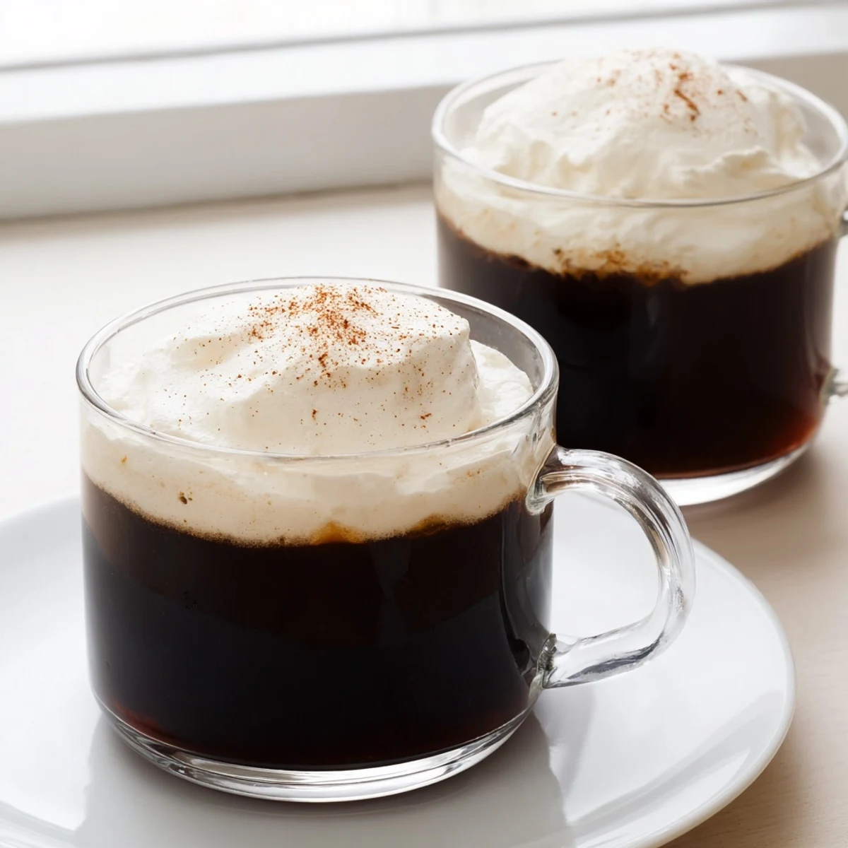 Steam rises from two mugs of Irish Coffee Mocktail with Whipped Cream, garnished with cinnamon.