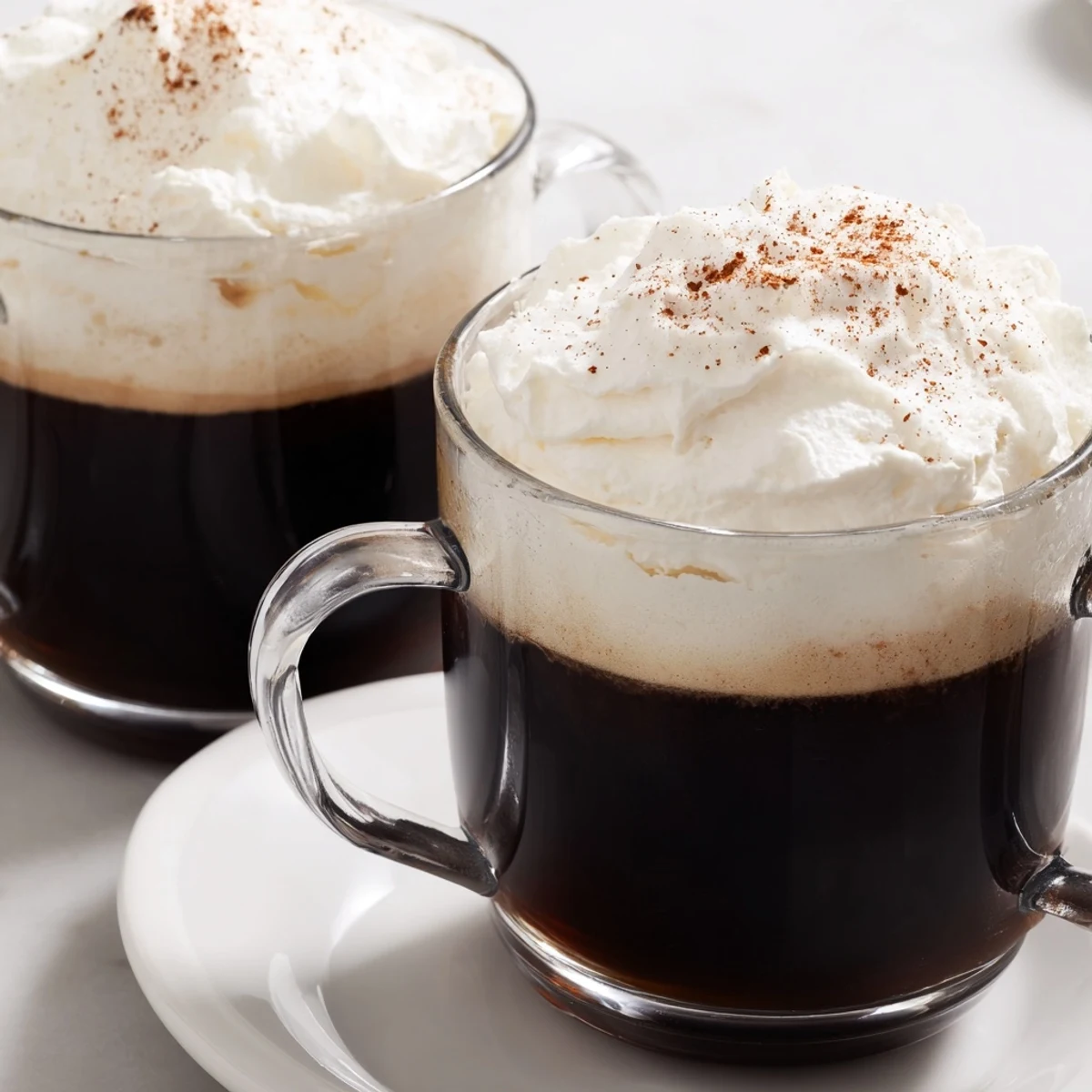 A close-up shows the frothy whipped cream floating atop the Irish Coffee Mocktail.