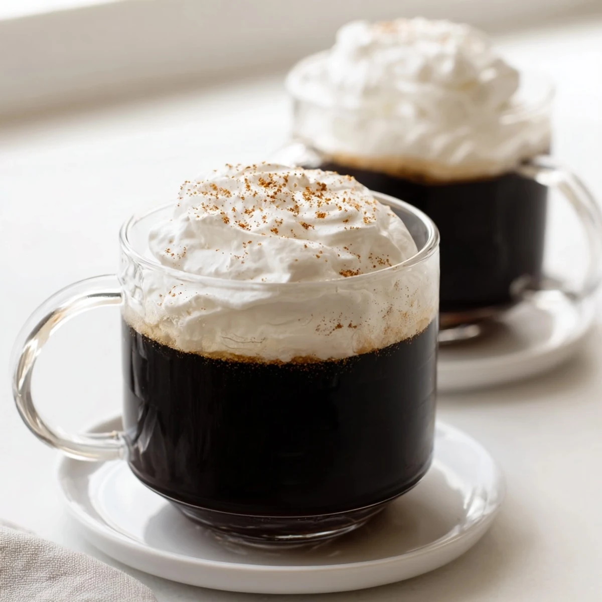 Two glasses of Irish Coffee Mocktail with Whipped Cream are served on a cozy wooden table.