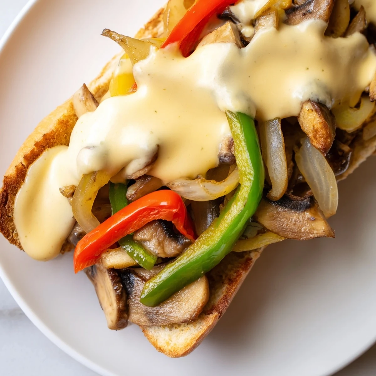Golden-brown sautéed mushrooms, peppers, and onions fill a toasted hoagie roll for a Vegan Philly Cheesesteak.