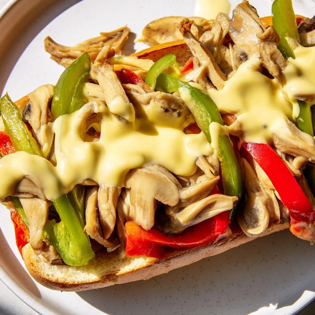 Sizzling vegetable mixture topped with creamy vegan cheese sauce makes this plant-based sandwich perfect for dinner.