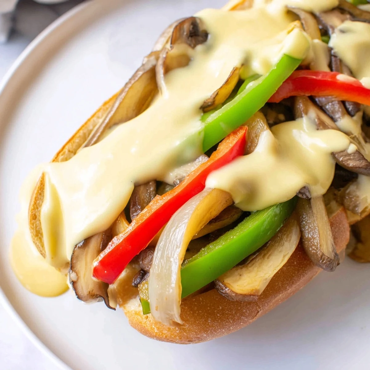 Freshly toasted hoagie roll stuffed with savory vegan filling, served hot with melted cheese and caramelized onions.