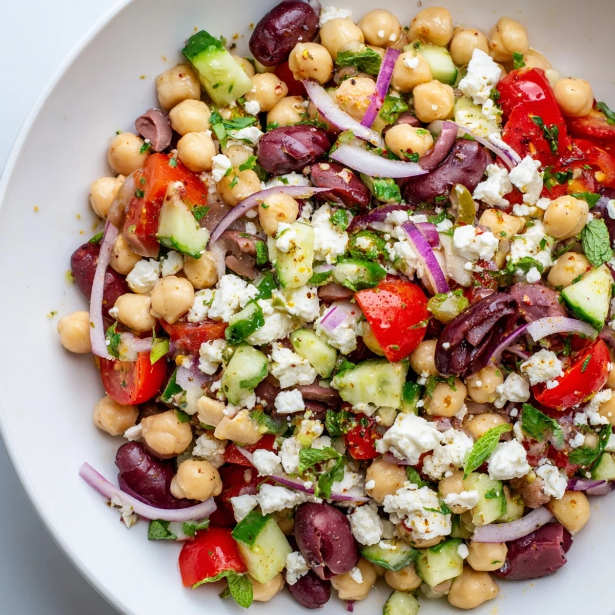 A colorful Mediterranean Dense Bean Salad in a white bowl, featuring chickpeas, cannellini beans, kidney beans, cherry tomatoes, cucumber, and feta crumbles, served as a fresh lunch.  