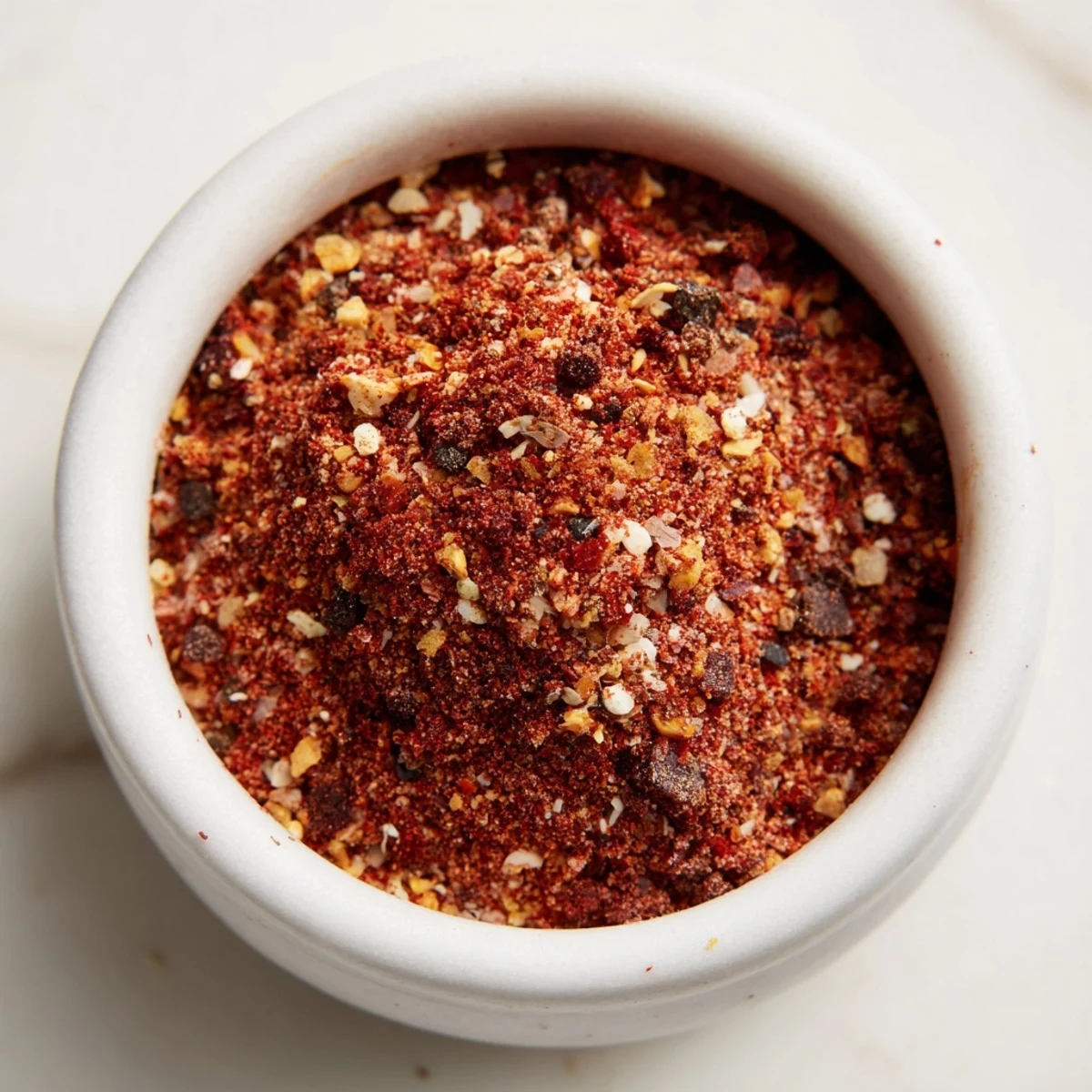 Top view of a small bowl filled with vibrant Easy Homemade Taco Seasoning Mix for dinner.