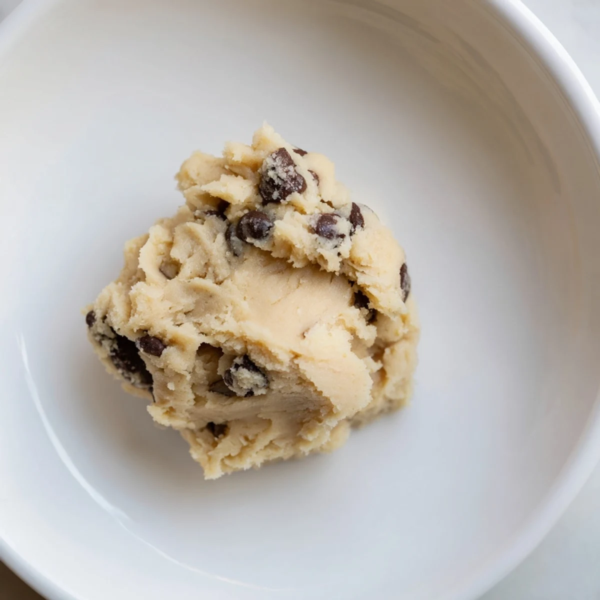 A bowl of Edible Keto Cookie Dough with sugar-free chocolate chips and almond flour texture.