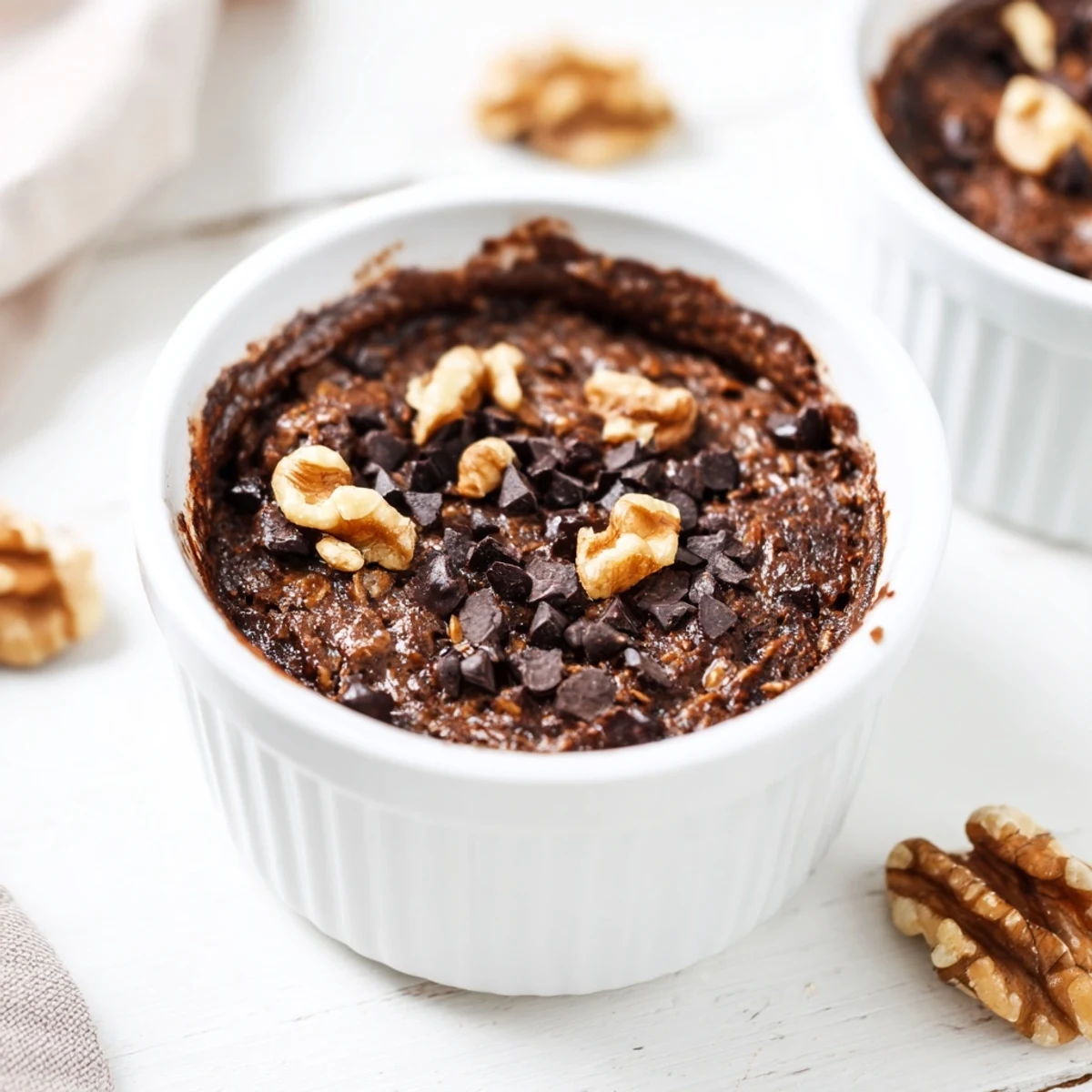 Freshly baked Easy Chocolate Baked Oats in ramekins, topped with melted chocolate chips.