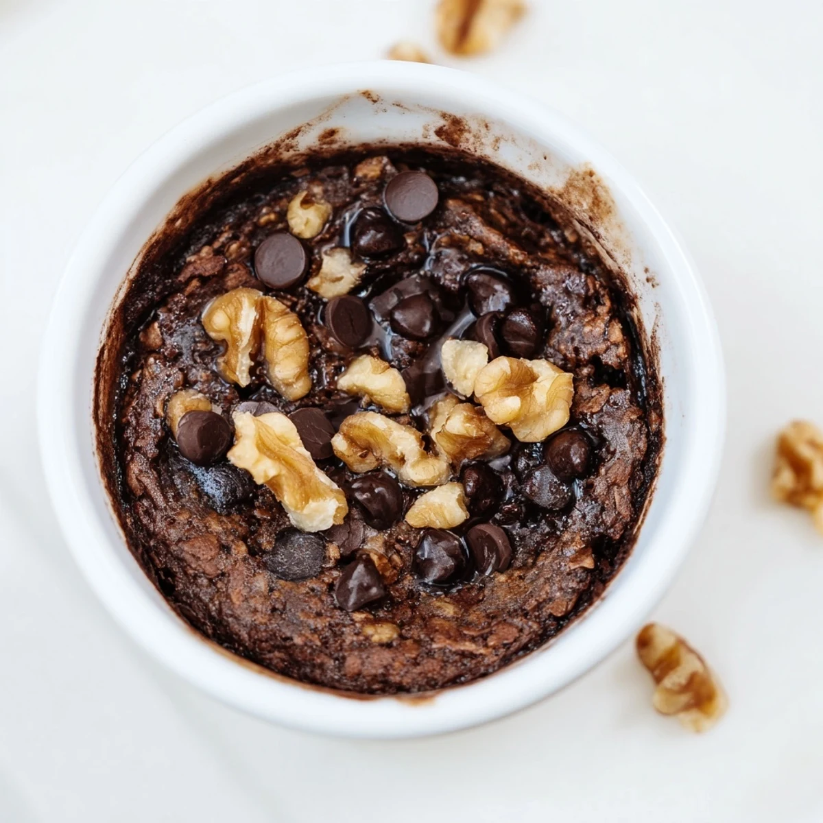 A warm, fudgy Easy Chocolate Baked Oats dish served with sliced banana and milk.