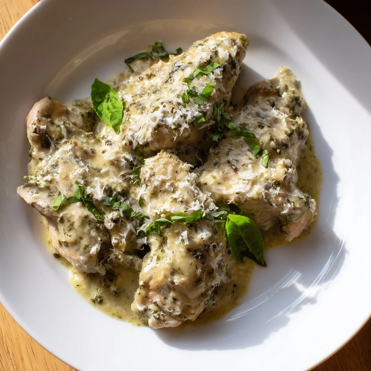 Golden brown Pesto Ranch Crock Pot Chicken Thighs swimming in a creamy green sauce, served over fluffy white rice.
