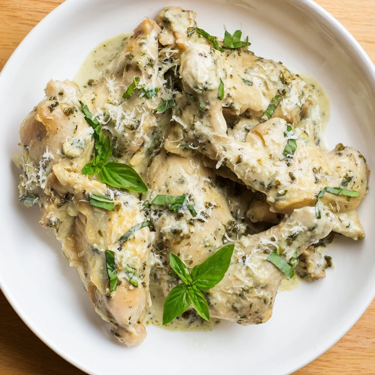 Tender shredded Pesto Ranch Crock Pot Chicken Thighs piled high on a plate, garnished with fresh basil and Parmesan.