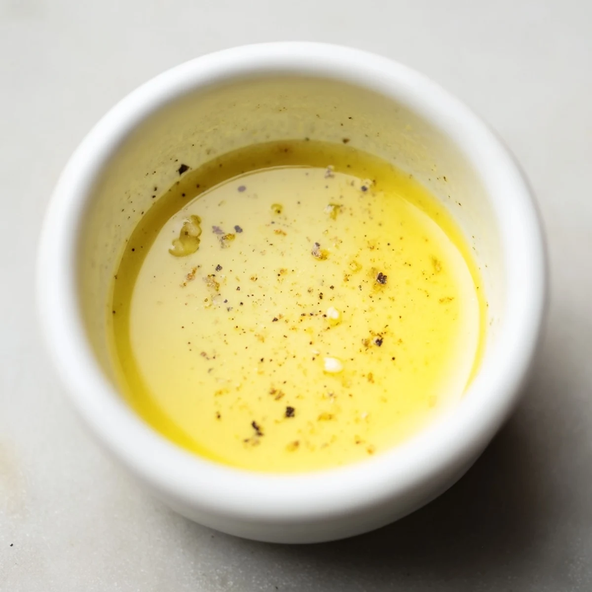 A close-up of Lemon Dijon Dressing in a glass jar next to a fresh garden salad with mixed greens and cherry tomatoes. 