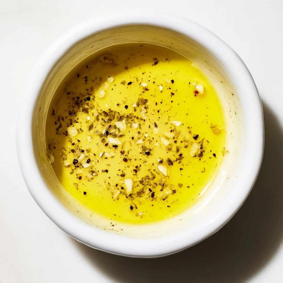 Freshly made Lemon Dijon Dressing being drizzled over a vibrant roasted vegetable grain bowl in a white ceramic bowl. 