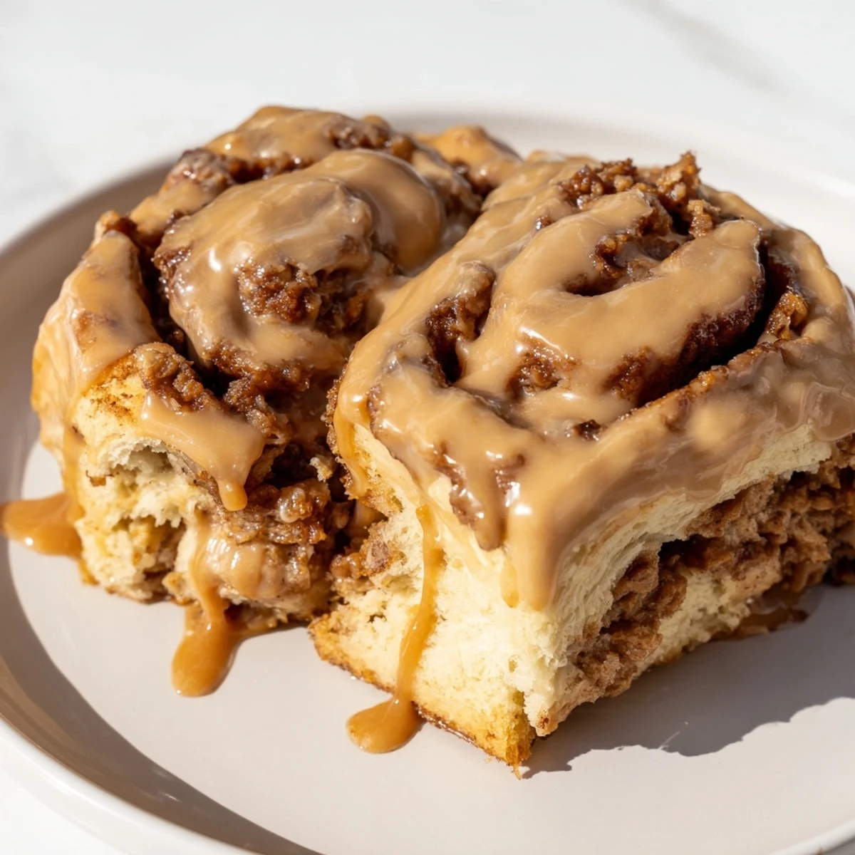 Golden brown Soft and Gooey Biscoff Cinnamon Rolls fresh from the oven, swirled with cookie butter and dripping with warm glaze.