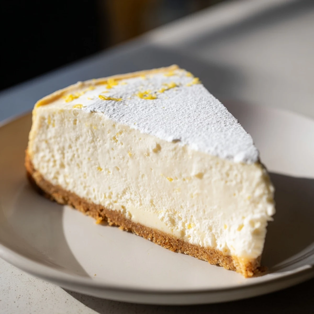 A close-up of the Rich Greek Yogurt Cheesecake with a creamy, pale filling on a graham cracker crust, garnished with fresh raspberries. 