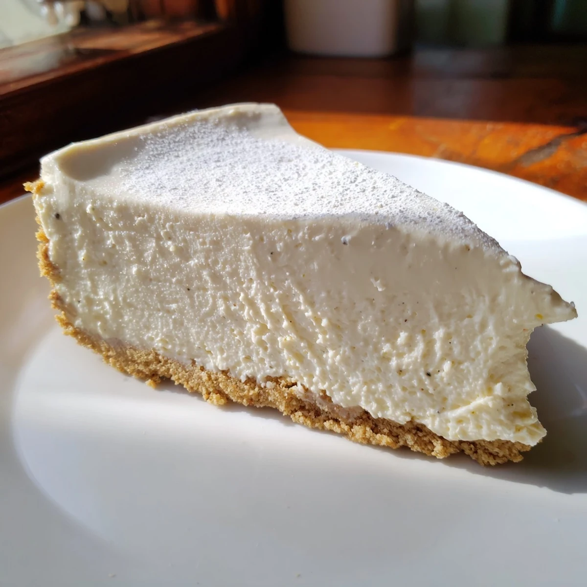 The Rich Greek Yogurt Cheesecake shows a wobbly center, highlighting its tangy flavor and light, smooth texture.