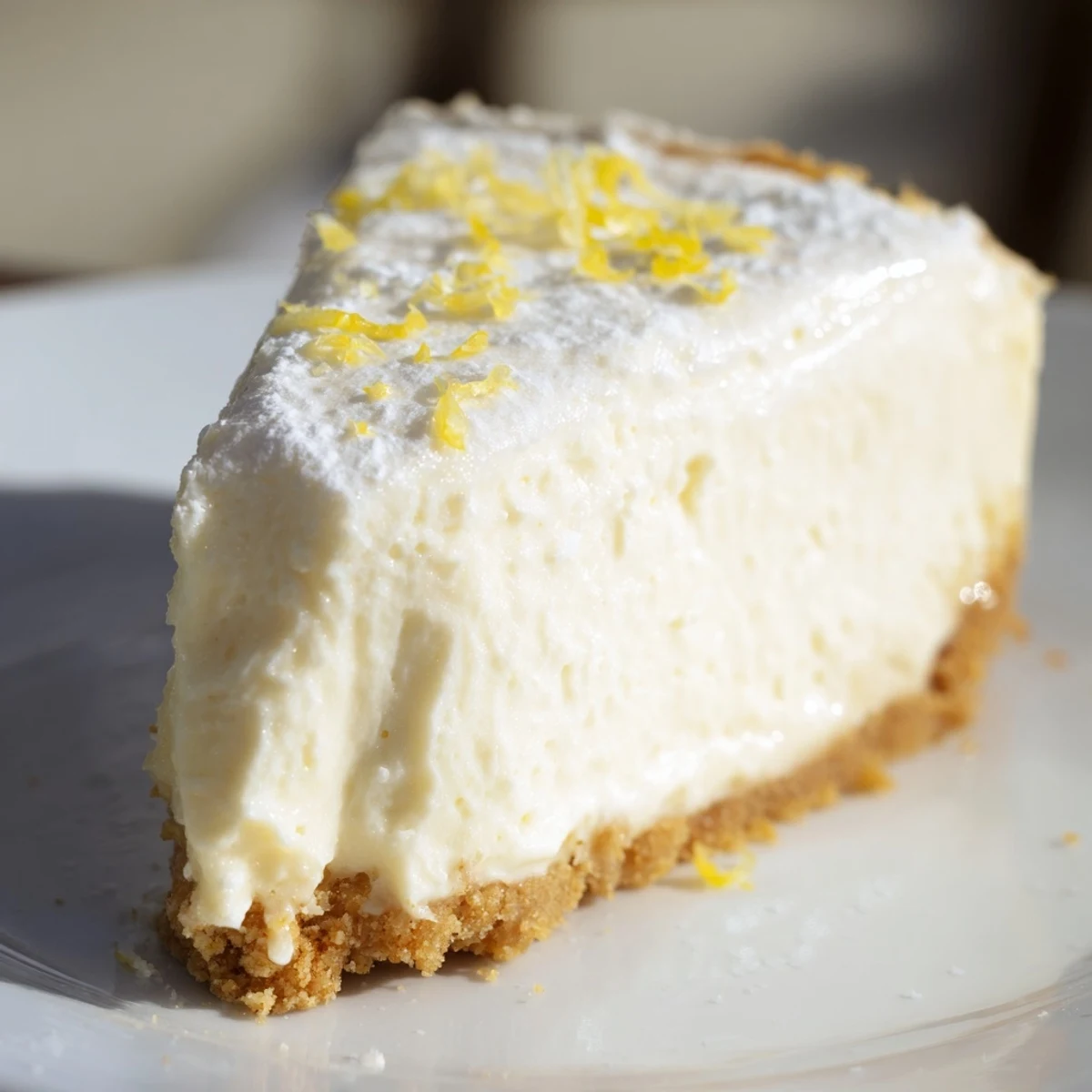 Fresh lemon zest and a dollop of sour cream topping decorate this slice of Rich Greek Yogurt Cheesecake on a white plate.